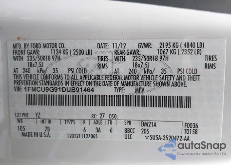 2013 Ford Escape Se from USA, damaged, VIN 1FMCU9G91DUB91464